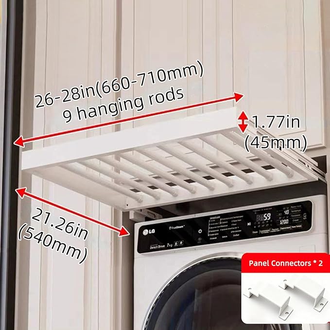 Hidden Pull Out Drying Rack, Extendable Pull Out Trousers Rack, Space Saving, Above Washing Machine Wardrobe, Aluminum Alloy, Soft-Close, Depth 21.26in Width 26-28in White