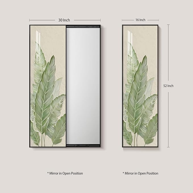 Framed Sliding Wall Mounted Full Length Mirror, Large Vertical Modern Minimalist Green Botanical Print Mirrors Artwork for Walls, Full Body Mirror for Living Room, Bedroom, Hallway, Entryway, 16X52 In