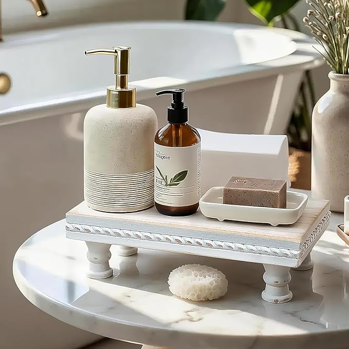 Wood Tray Pedestal Stand, Waterproof Bathroom Counter Organizer, Modern Farmhouse Riser for Soap/Candle/Sponge White Set （Middle+ Small