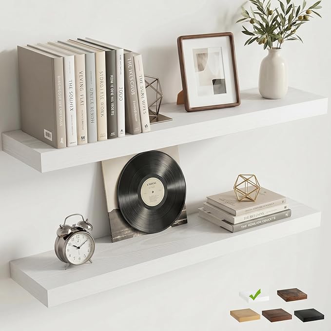 Venusmiles Floating Shelves for Wall, 30 Inch Floating Shelves Set of 2, 6.5" D Wooden Wall Mounted Display Shelves with Invisible Brackets for Living Room, Bedroom, Bathroom, Kitchen Decor, White