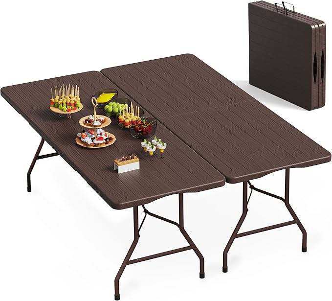 VSOAEIL Set of 2 6 Foot Folding Table for Indoor Outdoor, Portable Heavy Duty Fold-in-Half Utility Plastic Foldable Dining Table with Carrying Handle for Picnic, Camping and Party, 2 Pack Brown