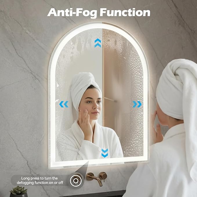 Sweetcrispy 28"×36" LED Arched Bathroom Mirror with Lights, Arched Lighted Bathroom Vanity Mirror with Anti-Fog, Dimmable, 3-Color Light, Memory Function, Tempered Glass