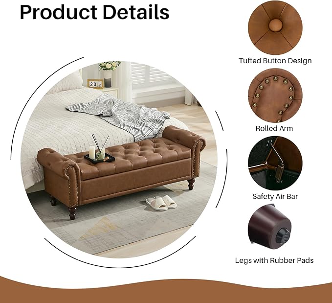 SOFTHION 58.1" Storage Bench Upholstered PU Leather End of Bedroom Bed Bench Ottoman with Tufted Cushioned Rolled Arm Large Storage Space for Reading Living Room Entryway, Brown