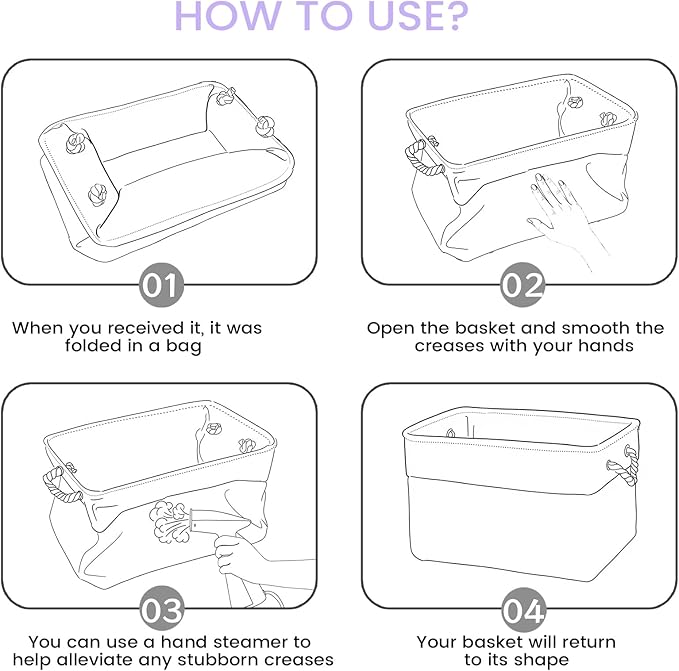 Storage Baskets for Shelves 11.8x7.9x5.2 Inch, Foldable Fabric Storage Bins with Handles, Small Storage Baskets for Organizing Closet, Office, Home Organization (3-Pack, White&Purple)
