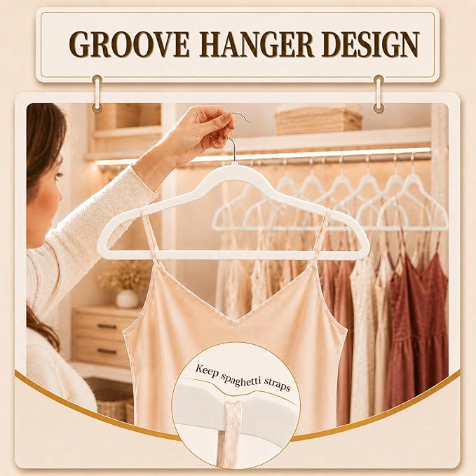 Velvet Hangers 50 Pack, Non Slip Clothes Hangers with Shoulder Notches, Slim Felt Hanger with 360° Swivel Hook, Space-Saving, for Coat, Shirt, Pants, Dress, Suits, White
