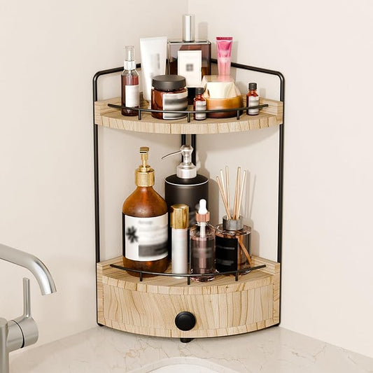 2-Tier Corner Bathroom Countertop Organizer with Drawer, Wooden Vanity Organizers for Makeup and Skincare Storage, Corner Counter Shelf with Embedded Screw Holes, Light Brown