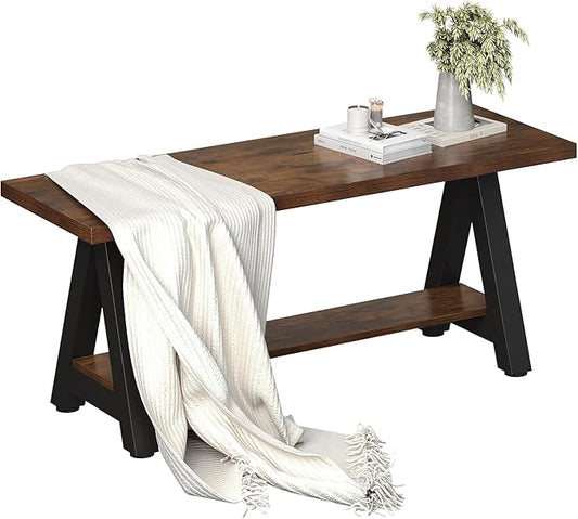 43" Farmhouse Wood Bench Industrial Entryway Bench Rustic Wood and Metal Shoe Storage Bench for Entryway, Living Room, Dining Room