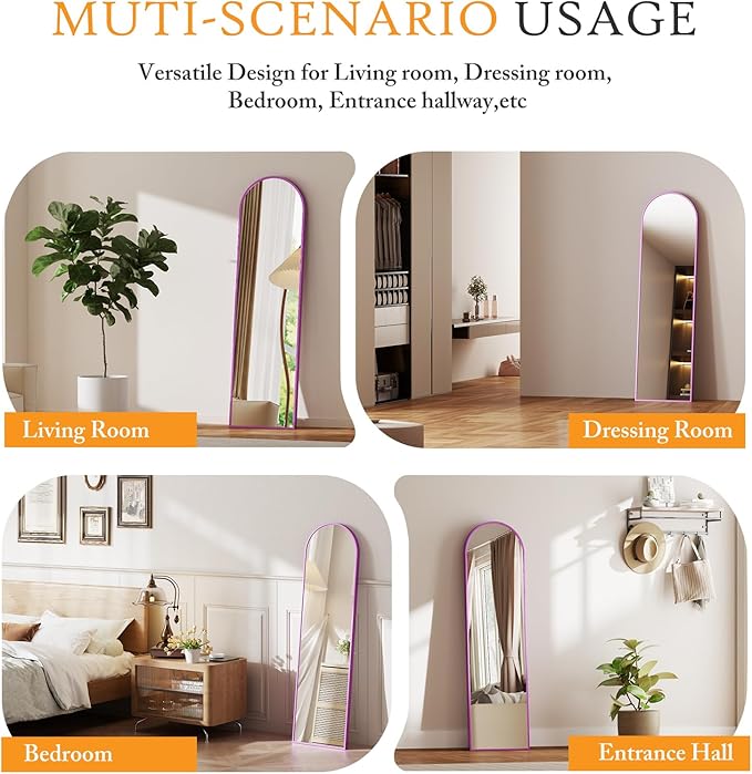 NEWBULIG 59"x16" Arched Full Length Mirror, Full Body Floor Mirror with Aluminum Alloy Thin Frame, Wall or Standing Mirror for Bedroom, Living Room, Dressing Room, Purple