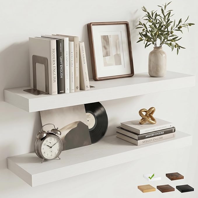 Venusmiles Floating Shelves for Wall, 24 Inch Floating Shelves Set of 2, 6.5" D Wooden Wall Mounted Display Shelves with Invisible Brackets for Living Room, Bedroom, Bathroom, Kitchen Decor, White