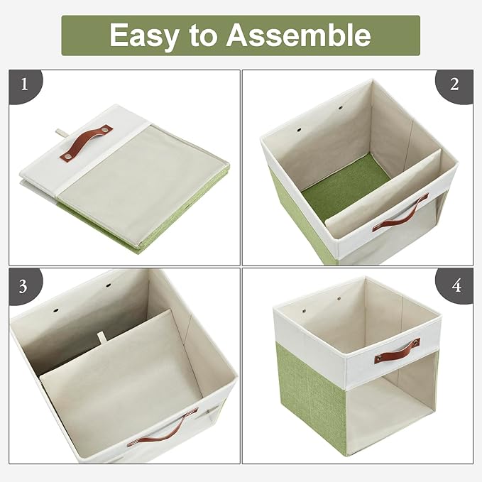 Bagnizer Storage Cubes, 4 Pack Linen Foldable Storage Bins (13 x 13 inch) with Clear Window and Handles, Fabric Organizer for Shelf Closet, Clothes, Books - (Green and White)