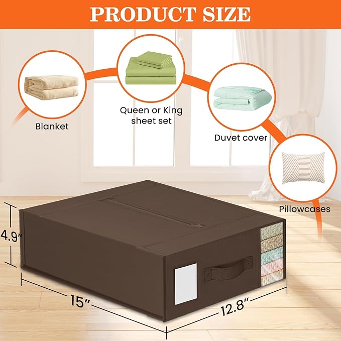 WOWBOX Sheet Organizers and Storage,Closet Bed Sheet Organizer Under Bed Storage and Organization with Label Cards & Clear Window for Bedding Sheets,Duvet Covers,Blankets (3 Pack，Brown)