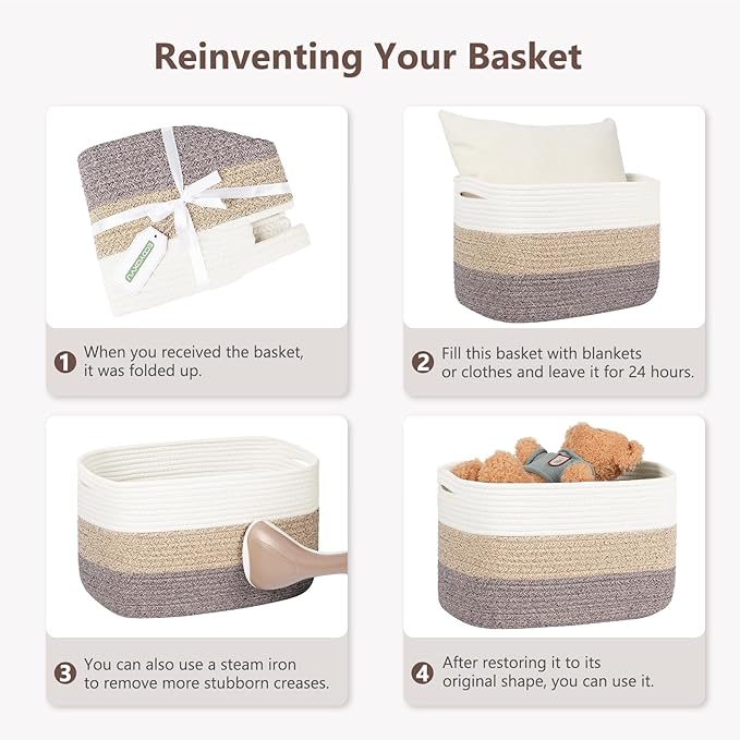 ECDYQXVU Cotton Rope Basket, Storage Baskets with Handle, 15x10x9 Inch Woven Basket for Shelves, Laundry, Towels, Clothes, Books (White Brown 1 Pack)