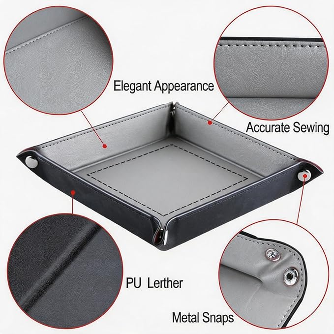 Valet Tray Desktop Storage Organizer - Vegan Leather Catchall Tray Bedside Vanity Tray Nightstand Caddy Holder for Remote Controller, Watch, Keys, Phone, Wallet, Coin, Jewelry - Gray