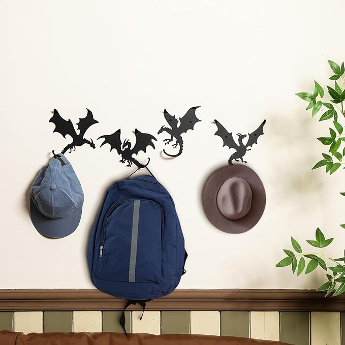 4 Pcs Dragon Wall Hooks Metal Dragon Key Holder Coat Rack Decorative Hanger Matte Black Fantasy Decor for Shelves, Keys, DIY Wall Organizers, 4 Flying Designs (Classic Style)