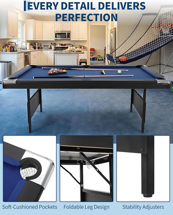 7 Foot Pool Table for Family, Foldable No Assembly Pool Table with Balls, Cues, Chalk, Rack & Brush, Portable Billiards Game Table for Apartment, Basement, Office & Game Room
