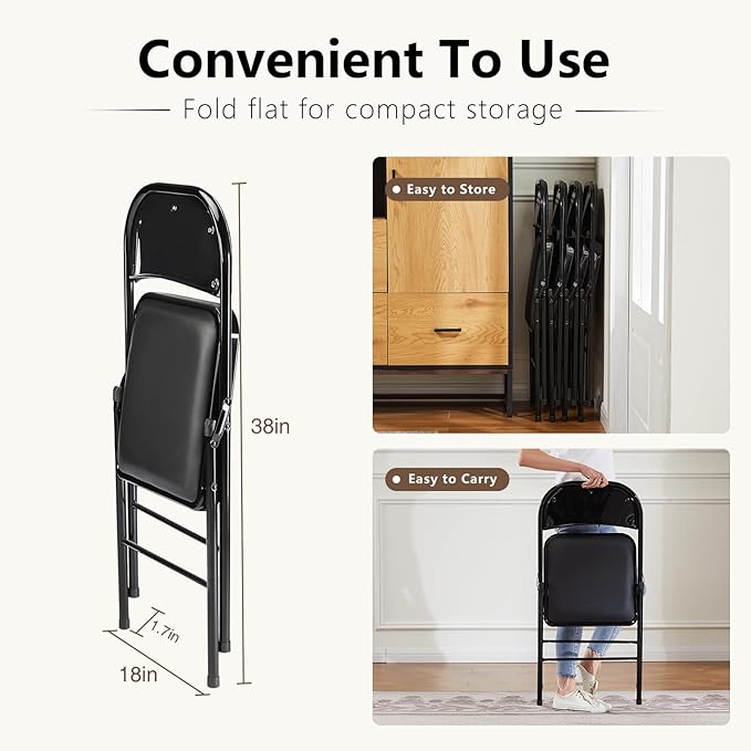 DUMOS 4 Pack Leather Padded Folding Chair, Portable & Stackable Foldable Chairs Sets with Steel Frame, for Indoor Outdoor Events, Home, Office, Party, Black