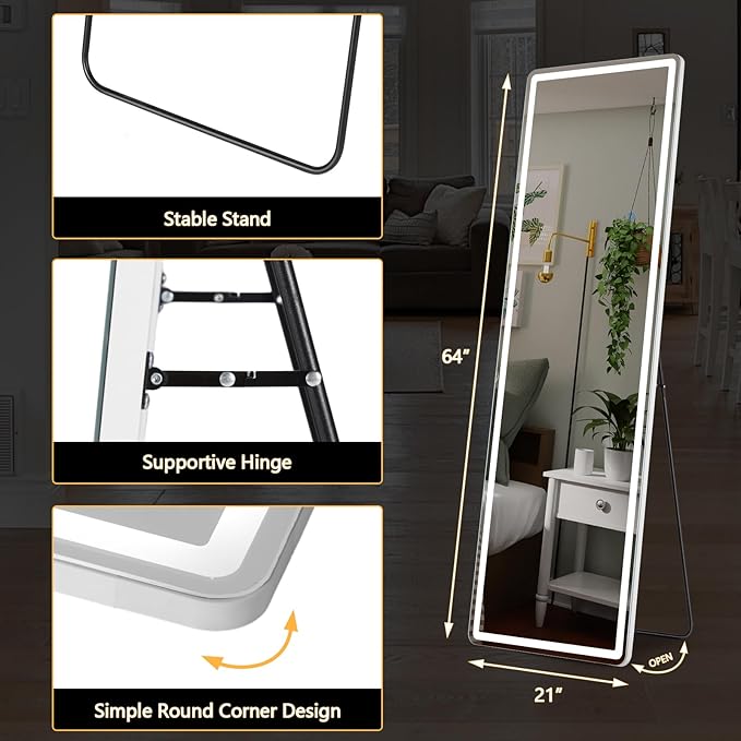 Sweetcrispy Full Length Mirror with LED Lights, 65"x21" Lighted Full Body Floor Mirror with Dimming & 3 Color Lighting, Stand for Bedroom, Dressing Room, White
