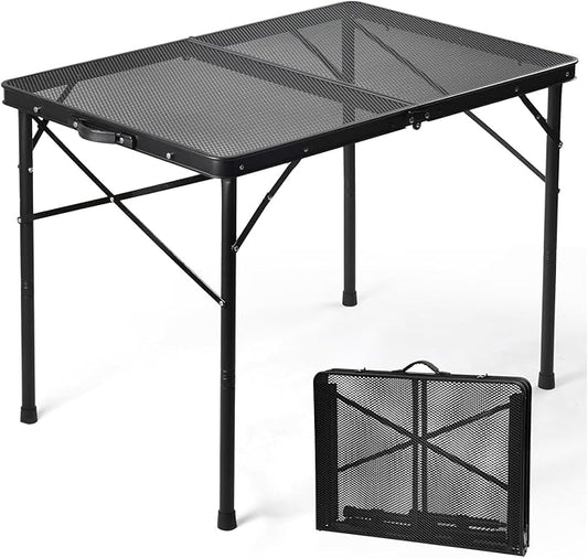 3 ft Folding Table with Adjustable Height, Camping Table with Carry Handle, Metal Mesh Table ,Portable Grill Table for Camping, Tailgating, BBQ, Picnic & Indoor, Fits 3–6 People, Supports 66 lb, Black