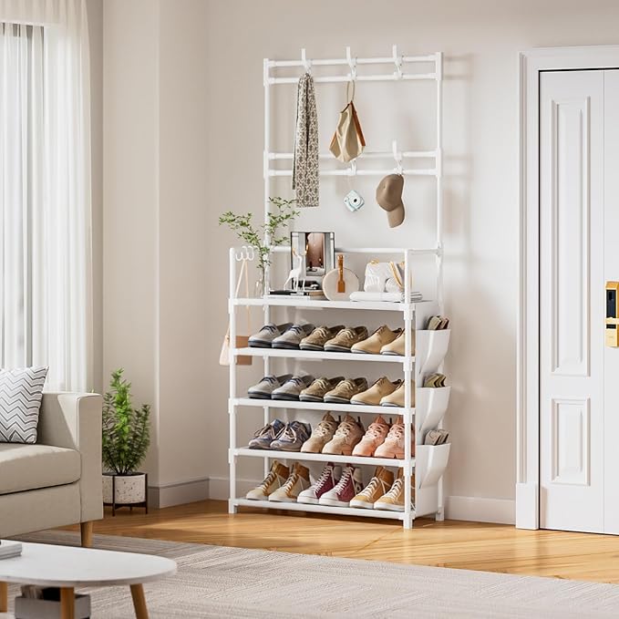 OYREL Shoe Rack 5 Tier Shoe Organizer Storage 15-20 Pairs Shoes Rack for Closet Entrance Shoe Rack Organizer with Hooks and Side Pocket Entryway Shoe Holder Space Saving Free Standing Shoe Racks