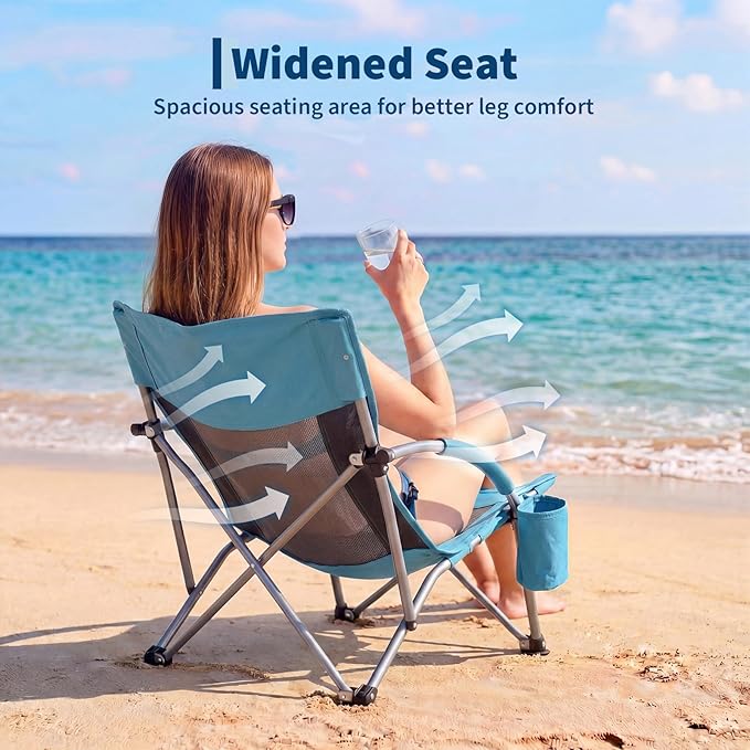 Garvee Low Beach Chair 2 Pack, Folding Portable Beach Chairs for Adults, Lightweight Extra Wide Seat Chair with Cup Holder, Storage Pocket & Carry Bag for Camping, Beach, Travel - 2PC