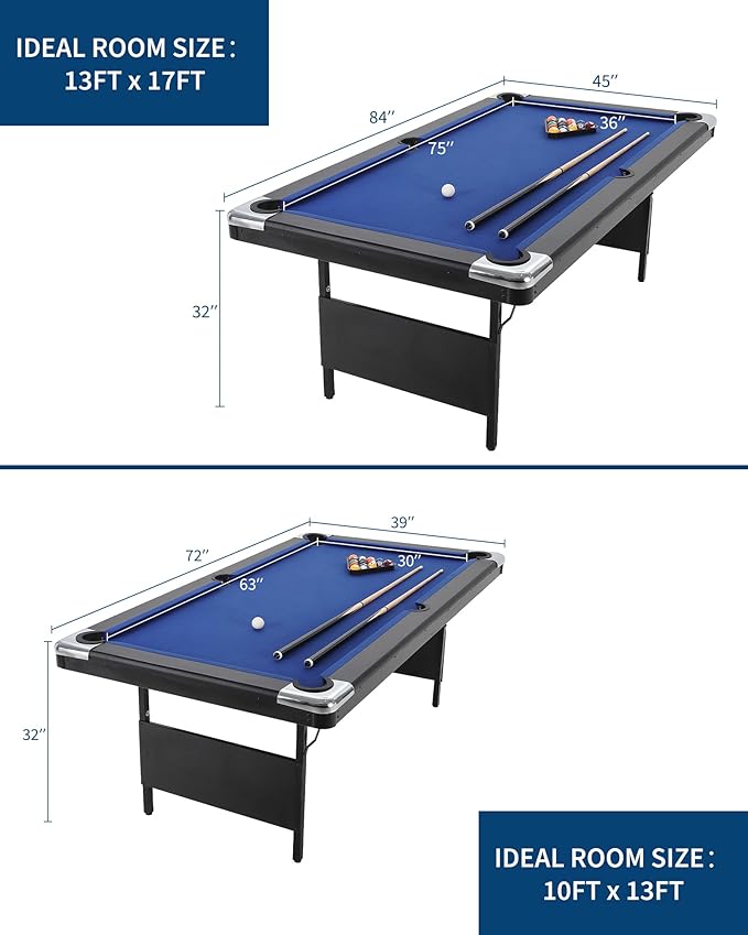 7 Foot Pool Table for Family, Foldable No Assembly Pool Table with Balls, Cues, Chalk, Rack & Brush, Portable Billiards Game Table for Apartment, Basement, Office & Game Room