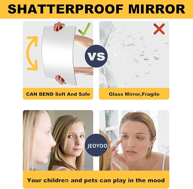 JEOYOO Wall Mirror Full Length, on Door Mirrors, Cheap Mirror Acrylic, shatterproof Gym Mirrors for Home Gym, 8"X8"-4 Pcs, Workout Non Glass Mirrors for Bedroom, Over Door Mirror Kids