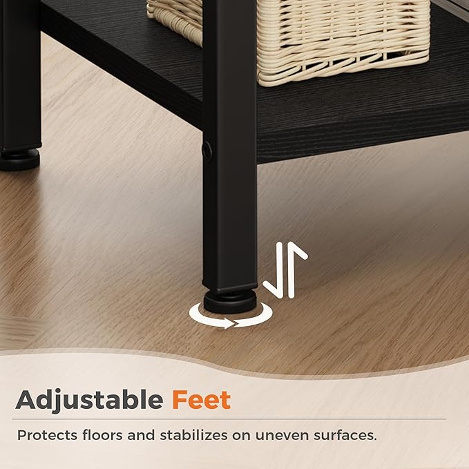 DUMOS Bedside Table with Charging Station and Adjustable Fabric Drawer Compact Nightstand 3-Tier Storage Organizer End Table for Bedroom,Black and Brown