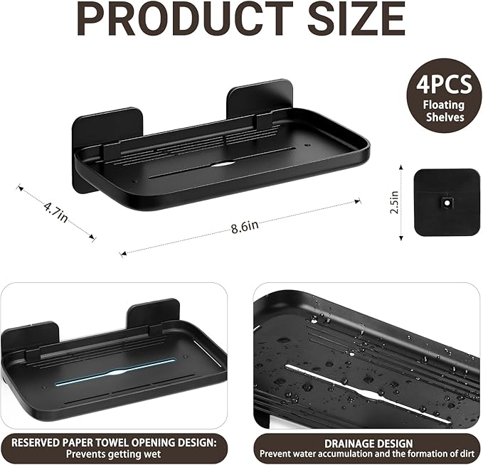 FAYYGYH 2 Pack Adhesive Floating Shelves No Drill Small Floating Shelf for Wall Storage Damage-Free Wall Mounted Organizer for Bathroom, Kitchen, Bedroom & Office (Black-4pcs)