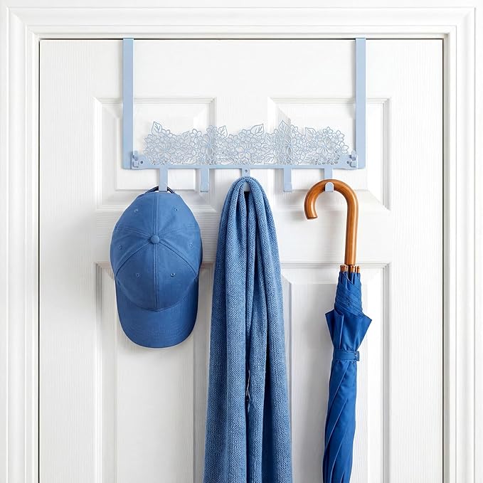 AceOrbit Blue Hydrangea Over The Door Hooks Wall Mount Towel Hanger Cute Door Holder Rack with 5 Hooks Hanging Towel, Coat Keys, Bags, Hats, Clothes for Bedroom Bathroom Kitchen Dorm Room Organizer
