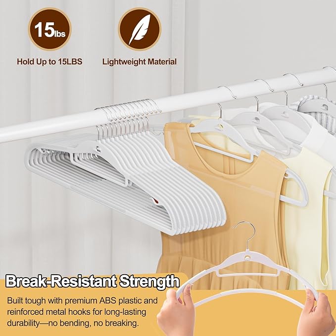 Plastic Hangers 50 Pack, Stackable Slim Space Saving Hangers with Non-Slip Pads, 360° Swivel Hook, Cascading Strip for Vertical Storage, Closet Organizer for Shirt, Suit, Skirt, Coat - White