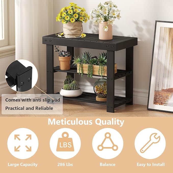 NEWBULIG Shoe Rack Bench, 3-Tier Bamboo Shoe Organizer, Wooden Entryway Storage Bench, 286 lb Load Capacity, 11.2x19.7x17.9 Inches, for Entryway Bathroom Bedroom Balcony, Black