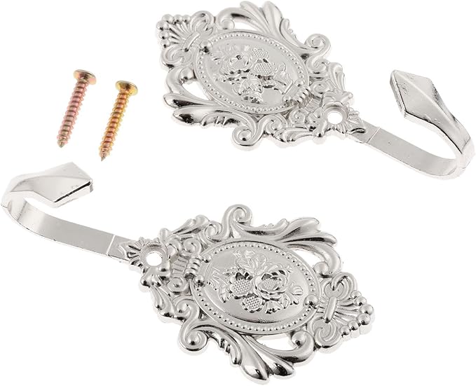 2Pcs Wall Hooks Silver Rose Pattern Carved Vintage Drapery Clothes Key Hook Bathroom Bedroom Multi-Function Decorative Hook with Screws