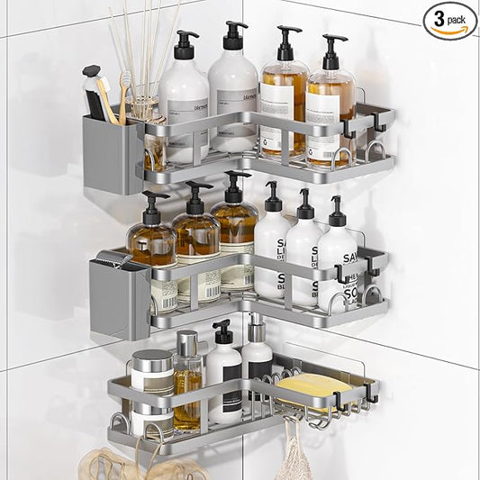 3 Pack Corner Shower Caddy Organizer, Rustproof Corner Shower Shelves, No Drilling Bathroom Corner Shelf with Hooks and Toothpaste Holder