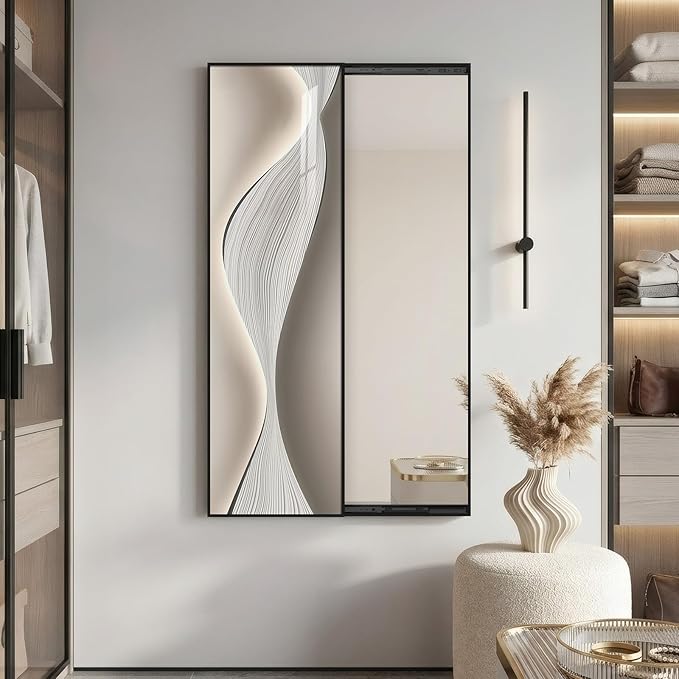 Framed Sliding Full Length Wall Mounted Mirror, Large Vertical Modern Abstract Full Body Mirrors for Wall Decor Living Room, Minimalist Elegant Silver White Mirror Wall Art for Bedroom, Hallway