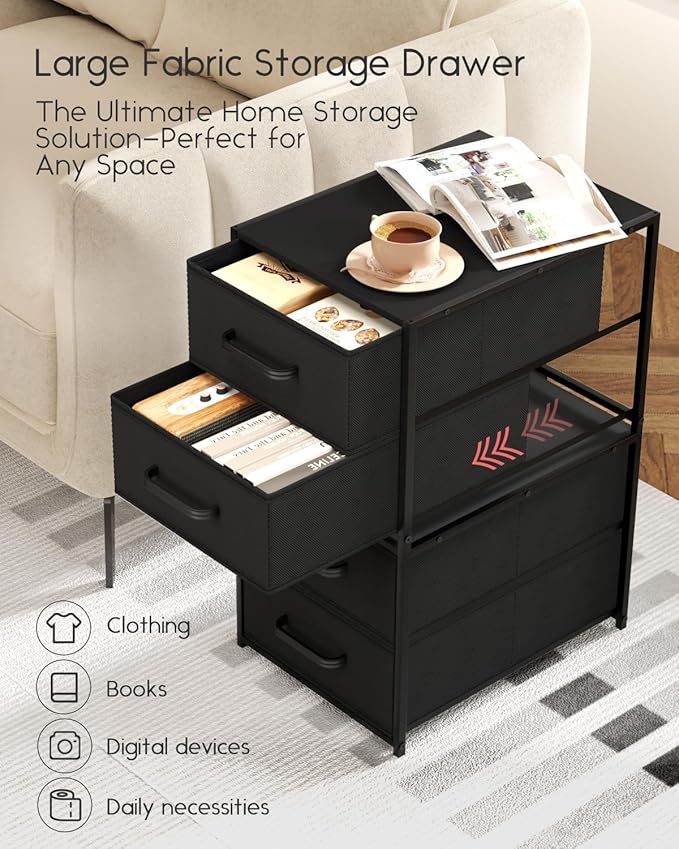 Homsorout Stackable Storage Drawers - 2 Tier Closet Organizer with Metal Frame and Handles, Fabric Dresser with Collapsible Bins for Bedroom, Dorm, Office, Black, 1 Pack