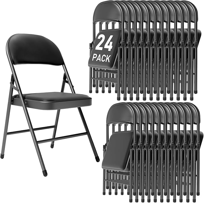 24 Pack Black Folding Chairs with Padded Cushion and Back for Outside Portable Stackable Commercial Foldable Chairs with Steel Frame for Events Office Wedding Party, 350lbs Capacity