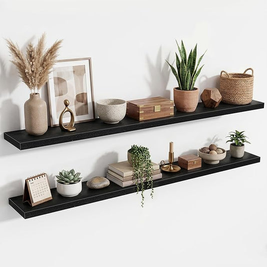 72 Inch Floating Shelves for Wall Set of 2,9.3" Deep Wall Shelves,Rustic Wood Wall Mounted Book Shelves with Invisible Brackets,Extra Long Floating Shelf for Living Room,Laundry Room,Bedroom,Black