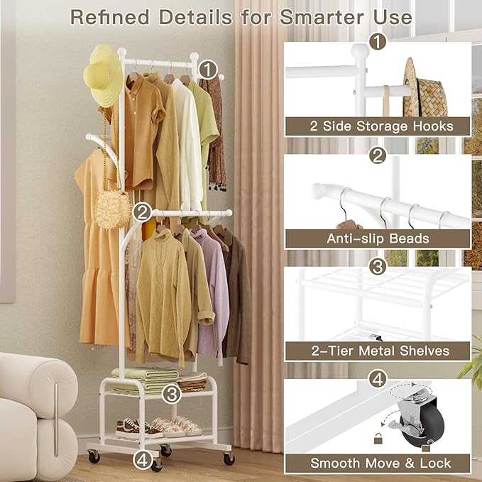 Rolling Clothes Rack with 2 Metal Shelves, 71" Portable Clothing Rack with Wheels, Small Garment Rack with 2 Side Hanging Rods, Freestanding Coat Rack for Laundry Room, Bedroom, White