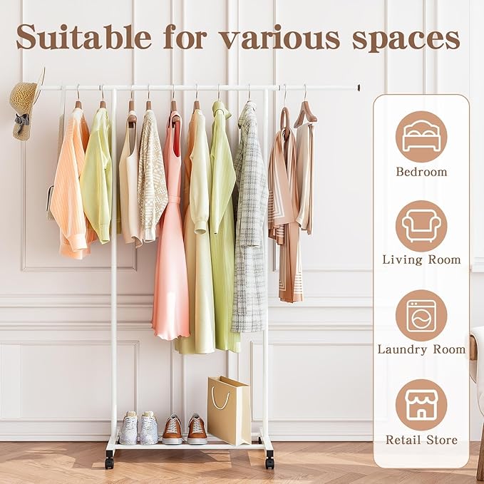 SUOERNUO Clothes Rack with Wheels Rolling Clothing Rack for Hanging Clothes, Portable Metal Garment Rack for Bedroom Laundry Living Room (White, 59.05"*15.75"*59.45")