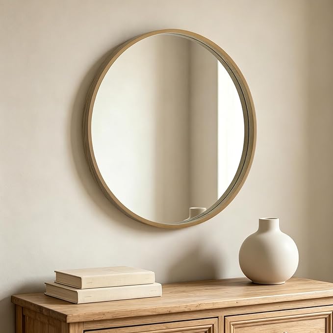 HOMECOOKIN Round Wood Mirror 24 inch Circle Mirror, Rustic Farmhouse Wooden Framed Decorative Wall Decor, Vanity Wall Mirror for Bathroom, Bedroom, Entryway, Living Room (Natural)
