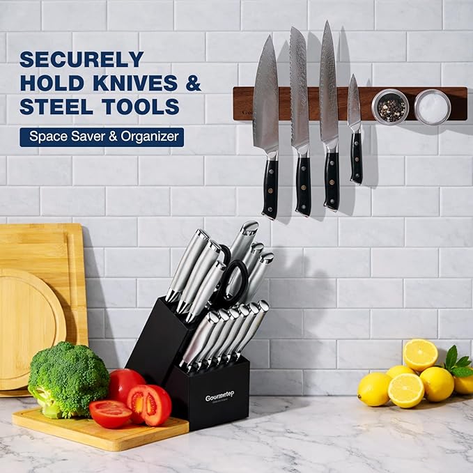 2026Updated Knife Magnetic Strip, 16” Magnetic Knife Holder for Wall, Knife Magnet, Magnetic Knife Strip, Magnetic Knife Holder for Fridge, Kitchen Essentials & Kitchen Organizer, Dark Acacia Wood