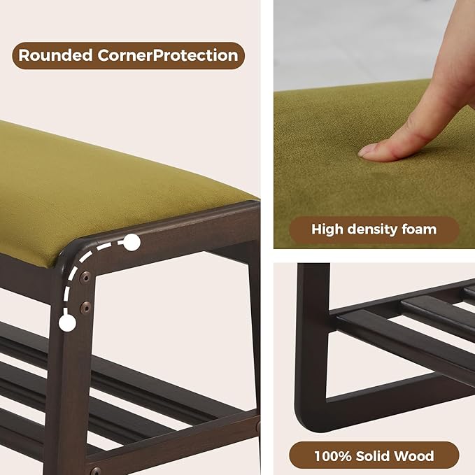 Achicsofar Shoe Rack Bench,2 Tier Solid Wooden Entryway Bench with Shoe Storage, Shoe Rack with Cushion for Living Room, Hallway(Olive Green, 39.4")