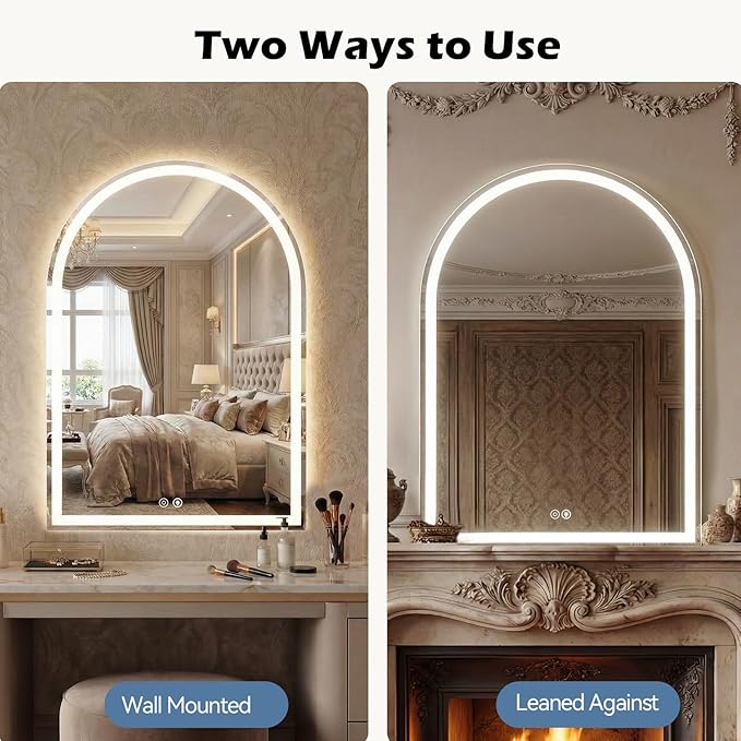 Sweetcrispy 20“×28” LED Bathroom Backlit Mirror with Lights, Arched Lighted Bathroom Vanity Mirror with Anti-Fog, Dimmable, 3-Color Light, Memory Function, Tempered Glass, Water-Proof Design