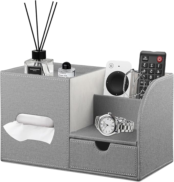 Square Tissue Box Cover with Drawer Storage and Tray on Top, PU Leather Tissues Cube Boxes Holder, Modern Nightstand Organizer Caddy, Remote Control Holder for Bathroom, Bedside, Office, Home