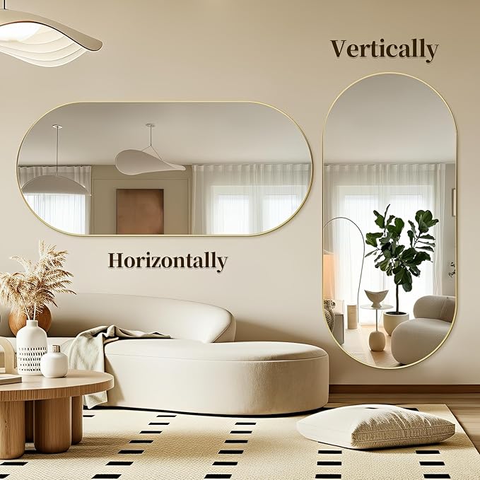 Oval Full Length Mirror, 71"×32" Wall-Mounted Mirror with Gold Frame in Shiny Gold, Ultra-Clear Explosion-Proof Dressing Mirror, Simple & Classic Deco for Cloakroom/Bedroom/Living Room