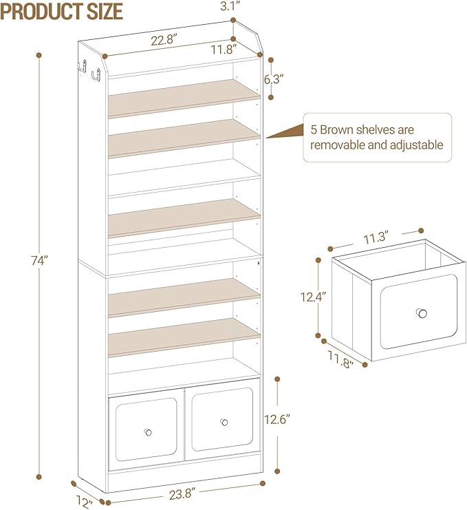 Hzuaneri Shoe Storage Cabinet, 10 Tiers Shoe Cabinet with 2 Cloth Drawers, Wooden Freestanding Shoes Organizer with 2 Hooks, 30-35 Pairs, Shoes Cubby Organizer for Entryway, White SR56303MI