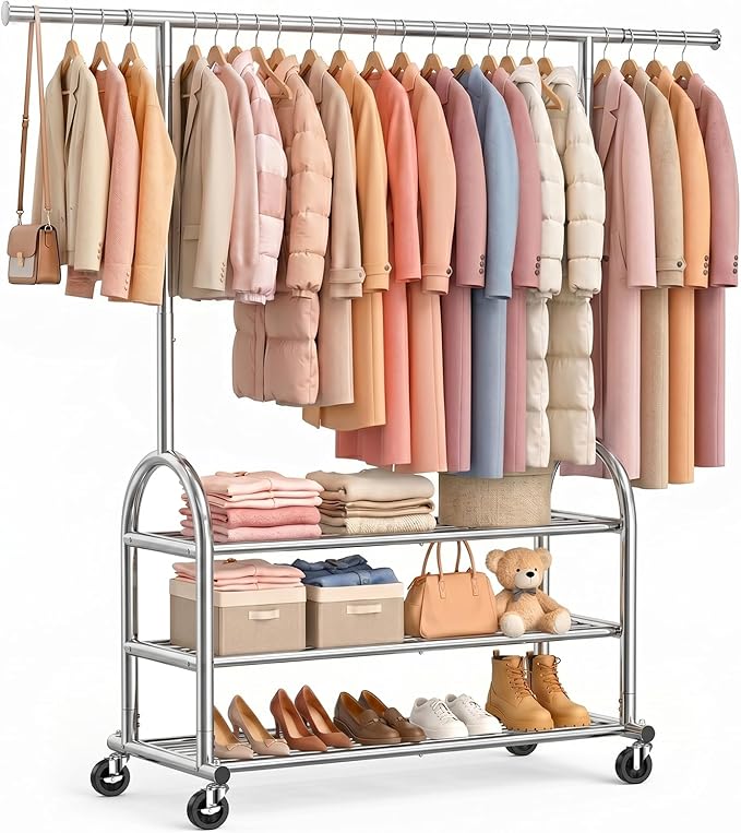 EAGMAK Heavy Duty Clothes Rack for Hanging Clothes Load 688 LBS, Height Adjustable Rolling Clothing Racks, Portable Metal Coat Rack Garment Wardrobe with Wheels and 3 Shelves for Bedroom, Silver