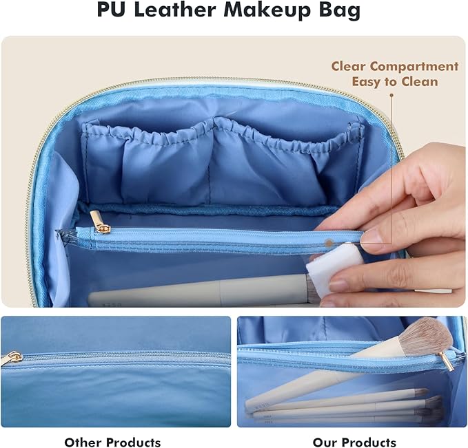 Prite Makeup Bag for Women Travel Waterproof Vegan Leather Cosmetic Bag Open Flat Toiletry Bag With Clear Divider and Handle (Blue, Medium)