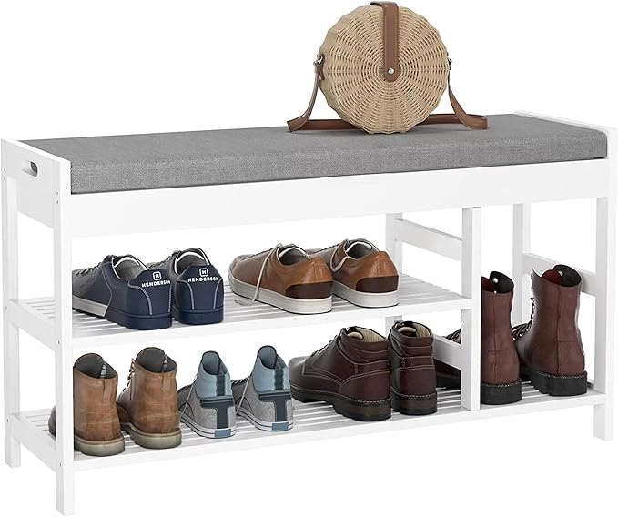 HIFIT 2-Tier Entryway Shoe Rack Bench with Storage, 36 in Bamboo Storage Bench with Padded Seat, Shoe Oiganizer Shelf for Entryway Mudroom Bathroom Hallway, White