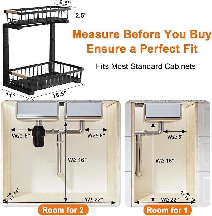 REALINN Under Sink Organizer, 2 Pack Height Adjustable Under Sink Organizers and Storage, 2 Tier Pull Out Drawer Cabinet Storage for Kitchen Bathroom